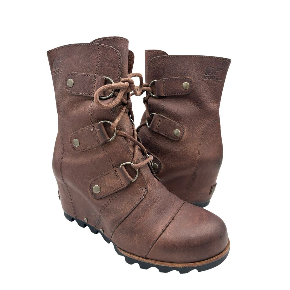 SOREL Joan of Arctic Lace up Wedge booties Ash Brown Leather Women’s 7.5 - Picture 5 of 9
